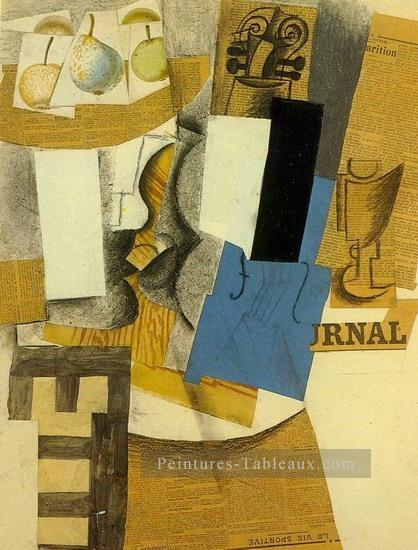 Compotier avec fruits violon et verre 1912 cubiste Pablo Picasso Peintures à l'huile